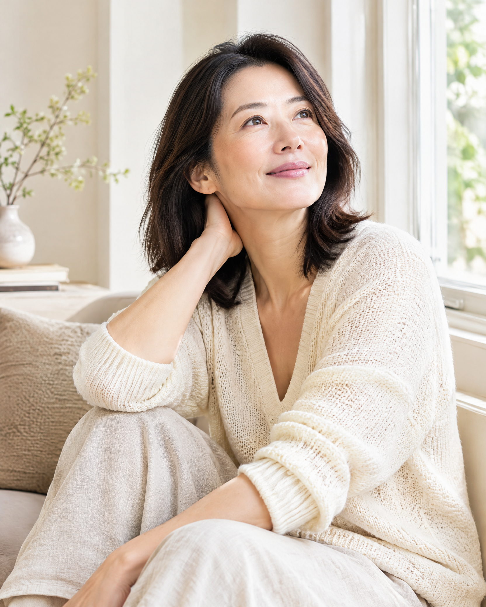 光を感じて解放された表情の女性